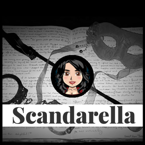 Scandarella Logo on a dark background of a book with a flogger and a pair of handcuffs