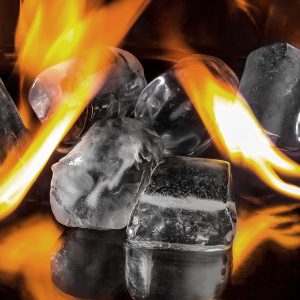 Temperature Play image of ice cubes being licked by orange flames