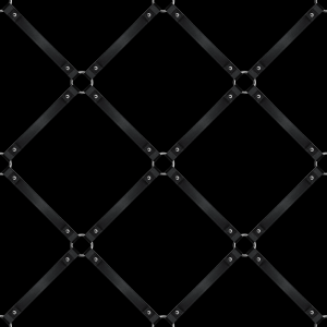 Close up of design of printed waterproof & lube proof throw showing a diamond pattern design of black leather bondage straps with silver metal connectors on a black background