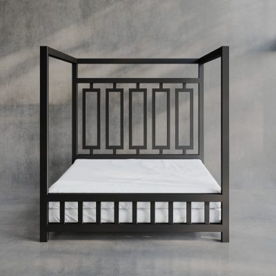 Product image of a White Sheets of San Francisco Waterproof, lube proof and fluid proof bed sheet designed to protect the mattress from and mess and fluids during sex. Displayed on a black metal four poster dungeon style bed set against a grey polished concrete floor