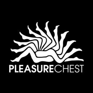 Pleasure Chest logo in White on black with a half circle of legs forming and arched logo ave the words Pleasure Chest